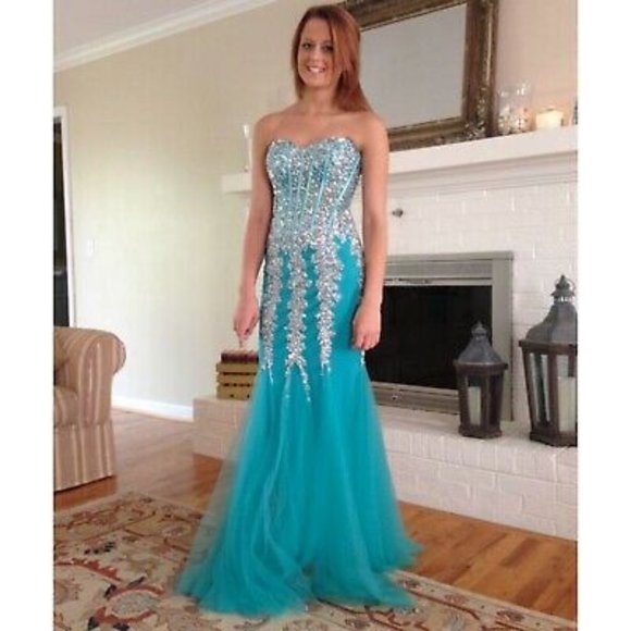 FORMAL TURQUOISE MERMAID PROM DRESS SZ 4 LIKE NEW - Picture 3 of 3